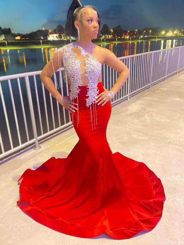 Wholesale Trumpet/Mermaid Charmeuse Applique One-Shoulder Long Sleeves Sweep/Brush Train Dresses